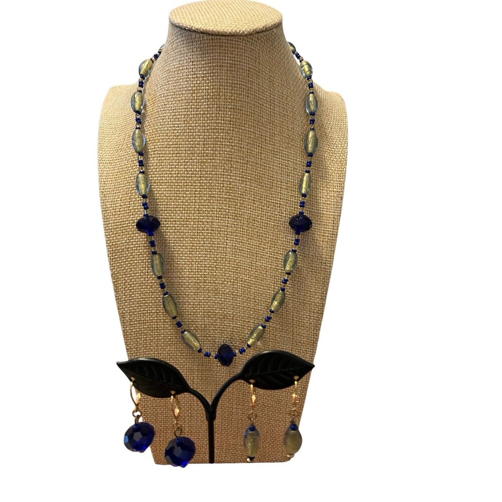 Handmade Beaded necklace and 2 coordinating pairs of earrings in blue/green